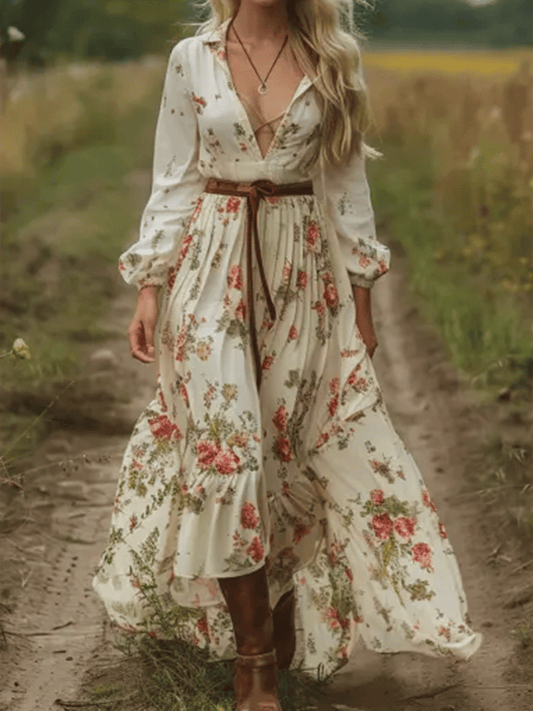 Women's Country Pastoral Retro V-Neck Floral Long-Sleeved Dress