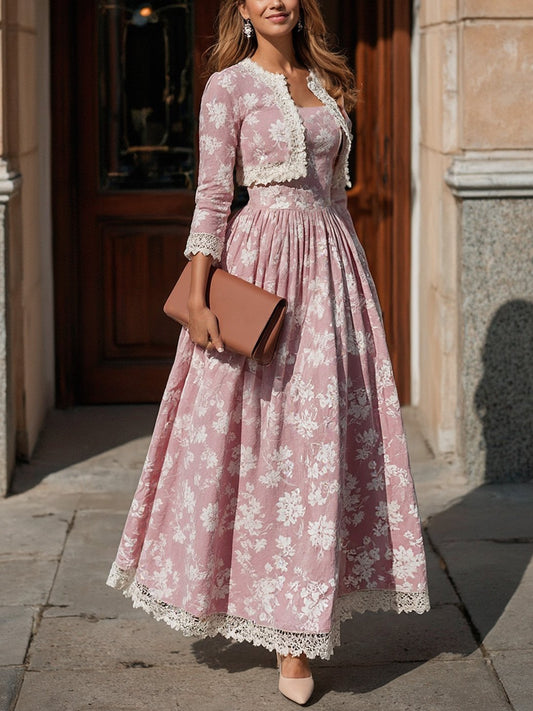 Maxi Linen Dress Set, Half Sleeve, Round Neck, Floral, Lace, Vacation, Vintage, Light Pink