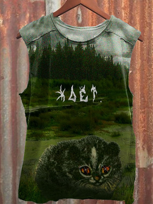 Cat Print 100% Cotton Casual Tank Top