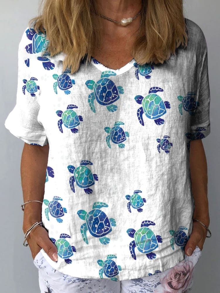 Women's Watercolor Sea Turtle Crawling Pattern Print Cotton And Linen Top