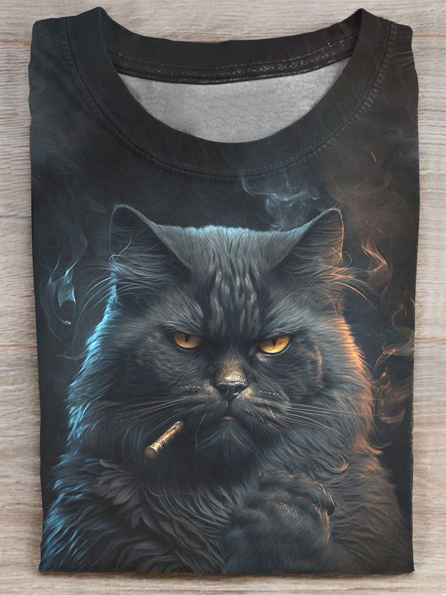 Smoking Black Cat Art Print Casaul T-shirt