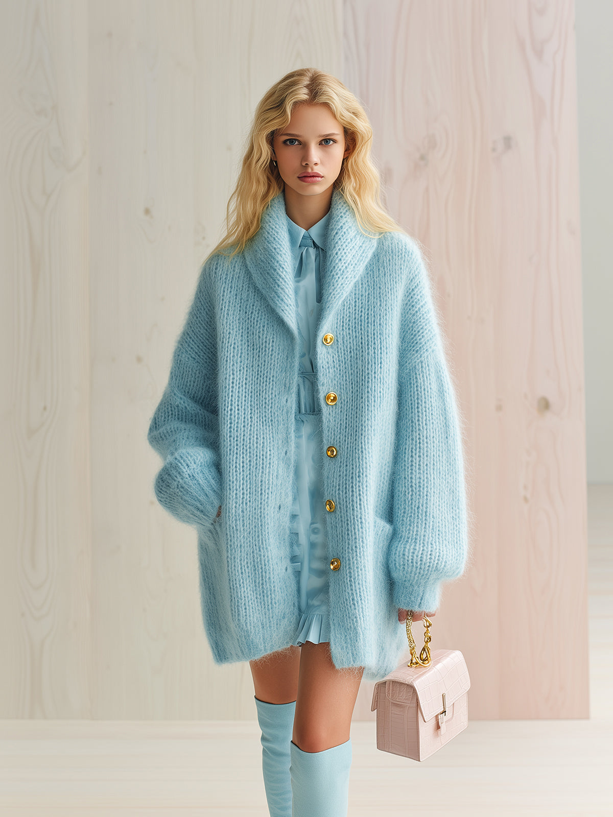 Taidalw Chic Vintage Light Blue Shawl Collar Single-Breasted Long Sleeve Loose-Fit Fuzzy Knit Mid-Length Cardigan