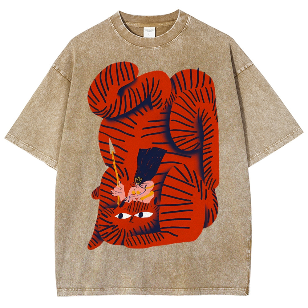 Unisex Vintage Cat Printed Washed Tee
