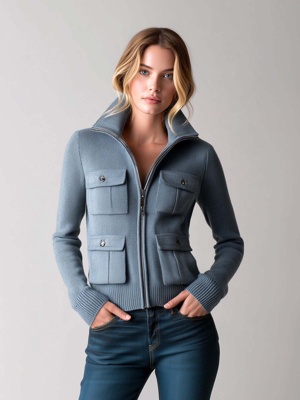 Taidalw Chic Vintage Gray Blue Lapel Multi-Pocket Zipper Short Sophisticated Knit Cardigan