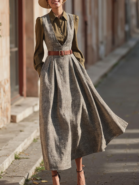 Maxi Wool Vest Dress (Shirt not included), Sleeveless, V Neck, Plaid, Belt Design, Vintage, Gray-brown