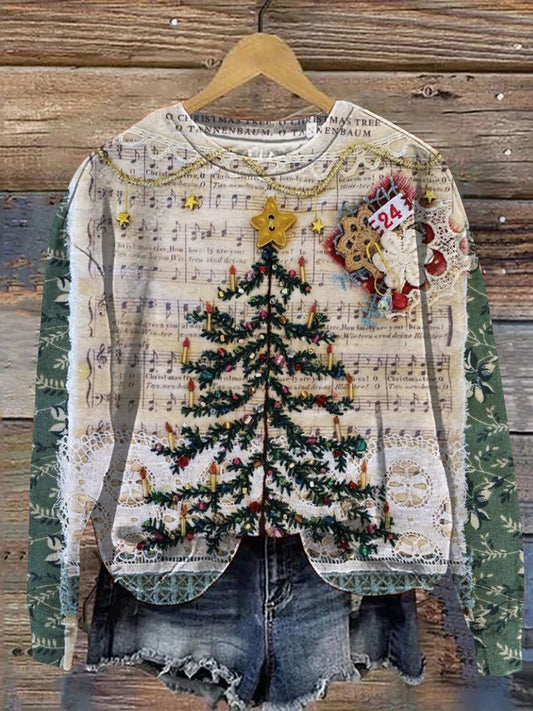 Retro Christmas Tree Patchwork Art Print Casual Sweatshirt