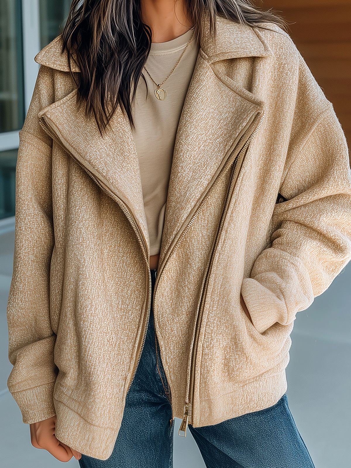 Taidalw Casual Chic Cotton Blend Oversized Asymmetrical Zip Collared Jacket