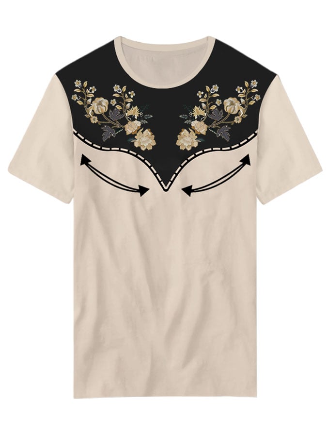 Women's Black Background Floral Print Crew Neck T-shirt