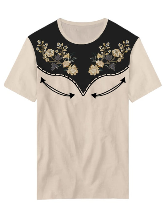 Women's Black Background Floral Print Crew Neck T-shirt