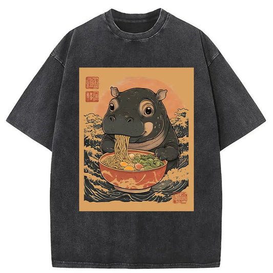 Moo Deng Eat Ramen Washed T-Shirt