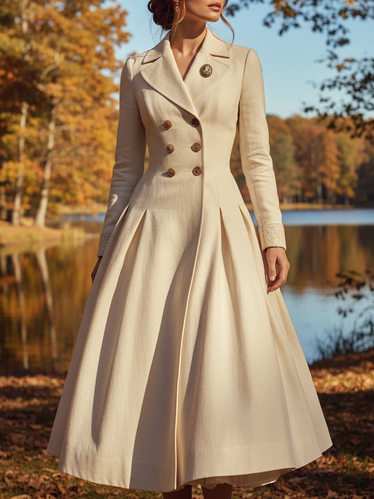 Cotton Trench Coat, Long Sleeves, Lapel Collar, Plain, Button Design, Vintage, Ivory