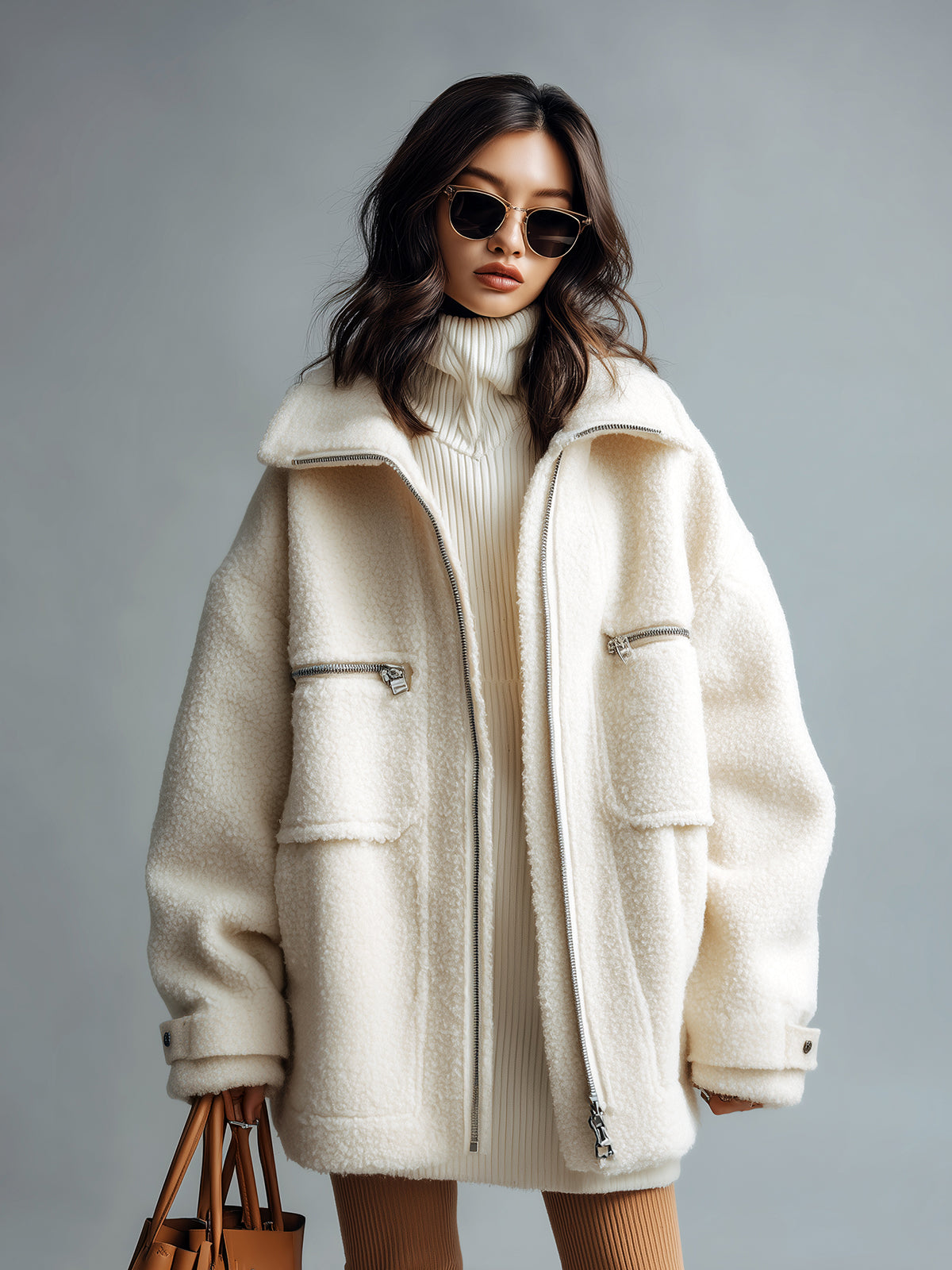 Taidalw casual Faux Lambswool Lapel Zipper Front Multi-pocket Oversized Warm Coat