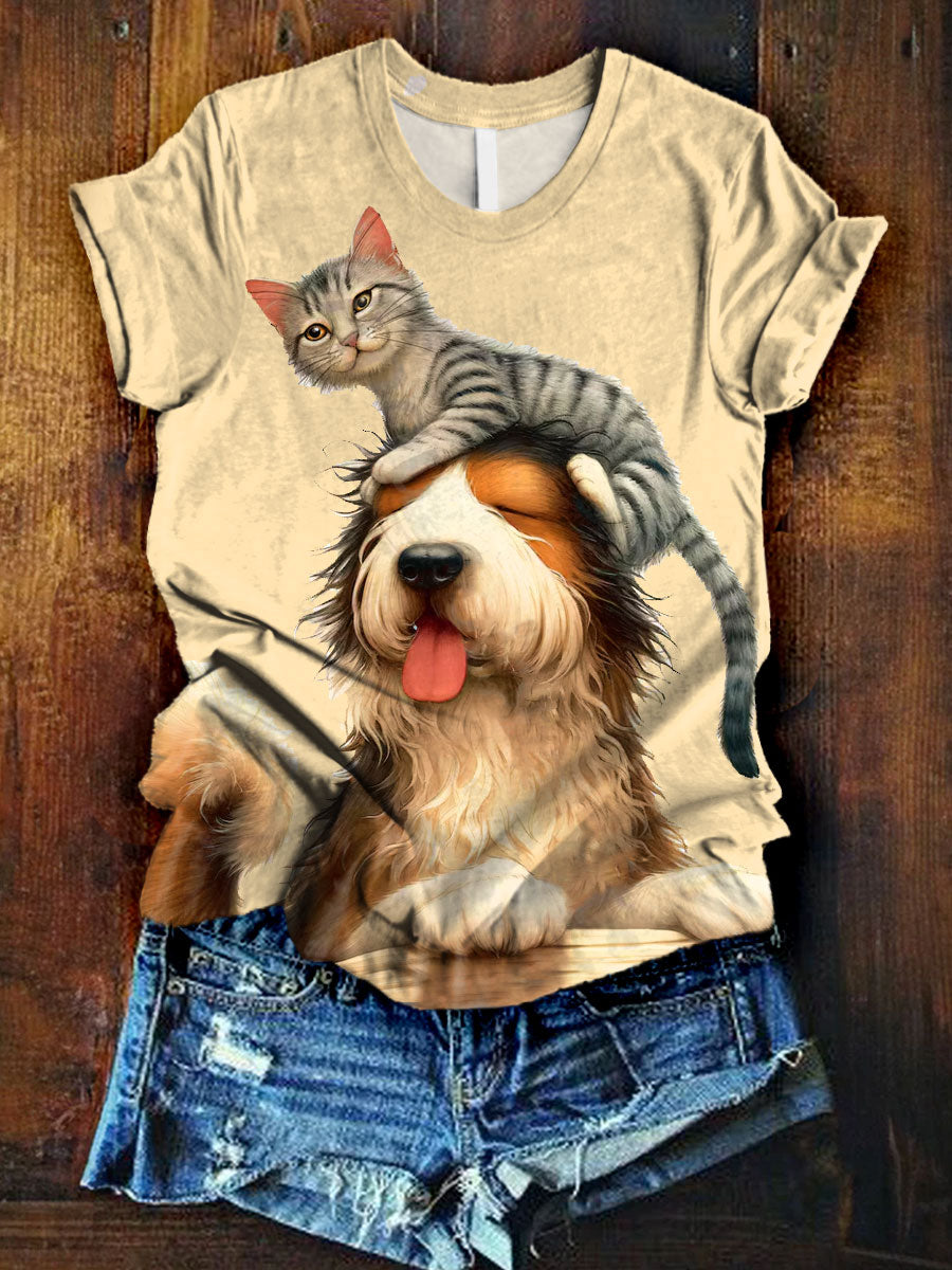 Lovely Dog and Cat Art Print Casaul T-shirt