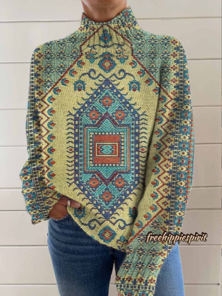 Women's Vintage Ethnic Floral Art Print Knit Turtleneck Pullover Sweater