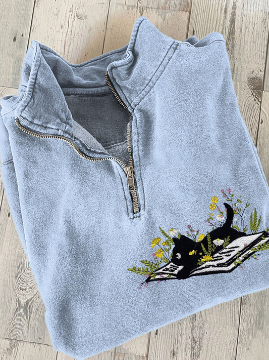 Embroidered Cute Cat Lying On Book With Flower Print Art Print Casual Long Sleeve Zip Sweatshirt