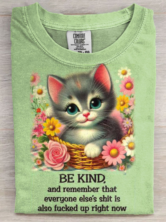 Vinatge Funny Be Kind Cat Art Print Casaul Short Sleeve T-shirt