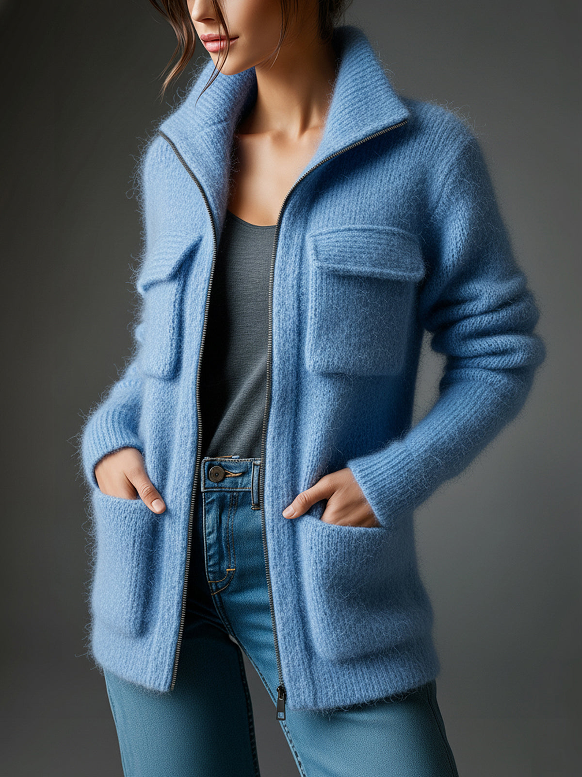 Taidalw Chic Casual Blue Lapel Zipper-Front Multi-Pocket Long-Sleeve Loose Fuzzy Knit Mid-Length Cardigan