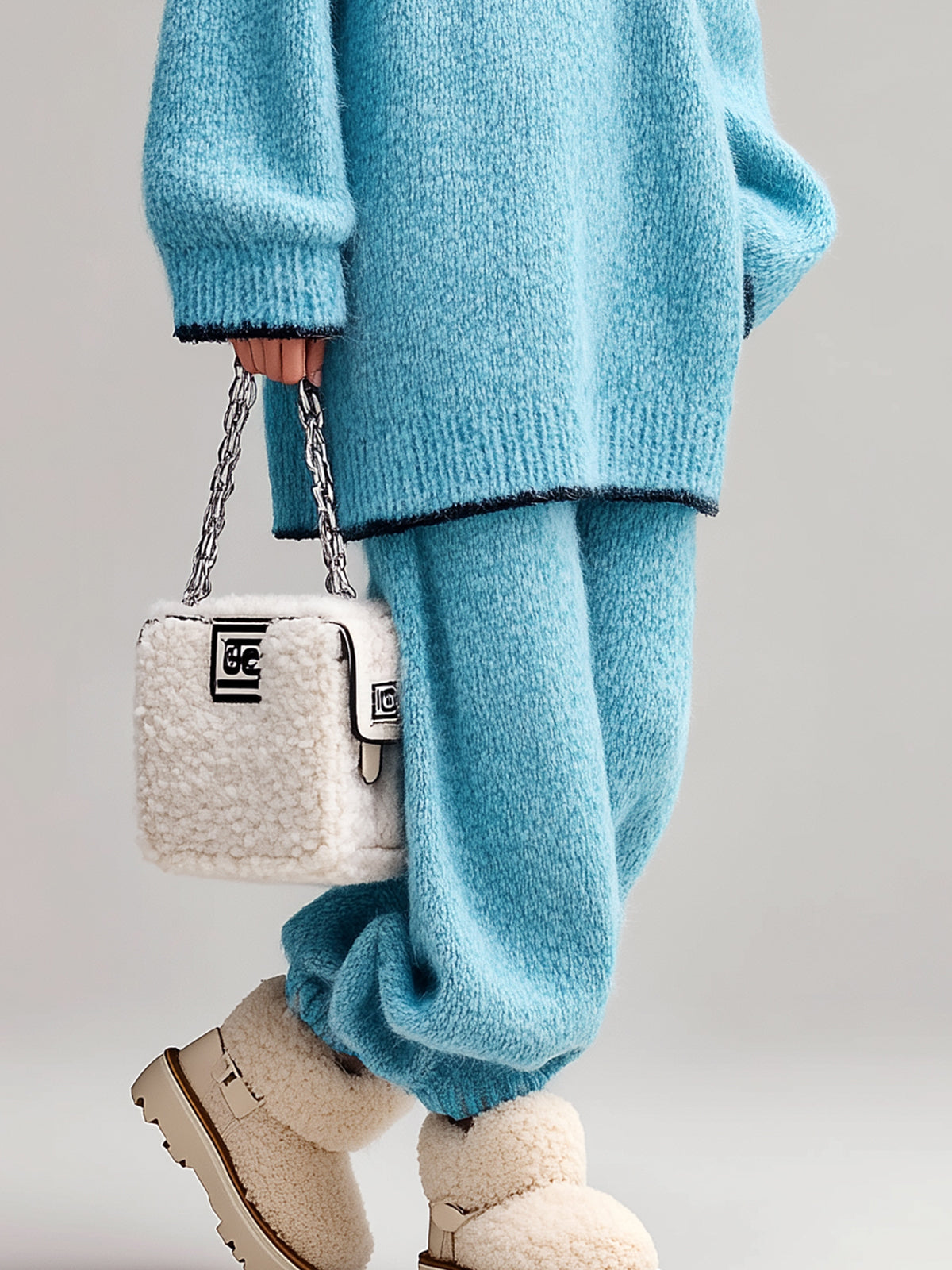 Taidalw Chic Casual Baby Blue Fuzzy Half-Zip Mock Neck Contrast Trim Long-Sleeve Sweater Cuffed Pants Oversized Knit Two-Piece Set
