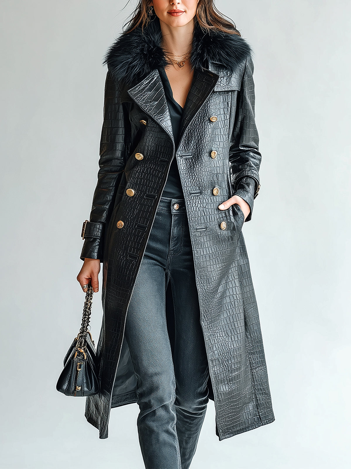 Taidalw Chic Vintage Black Crocodile-Embossed Faux Leather Detachable Fur Collar Double-Breasted Long Trench Coat