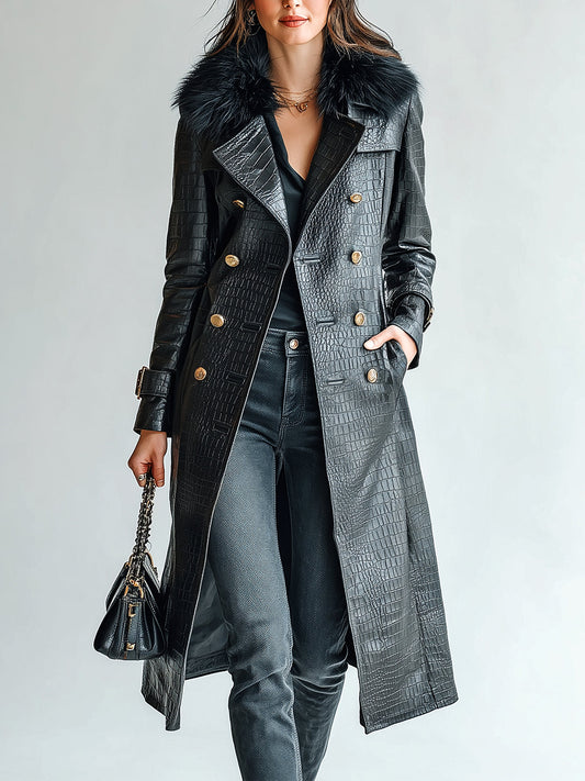 Taidalw Chic Vintage Black Crocodile-Embossed Faux Leather Detachable Fur Collar Double-Breasted Long Trench Coat