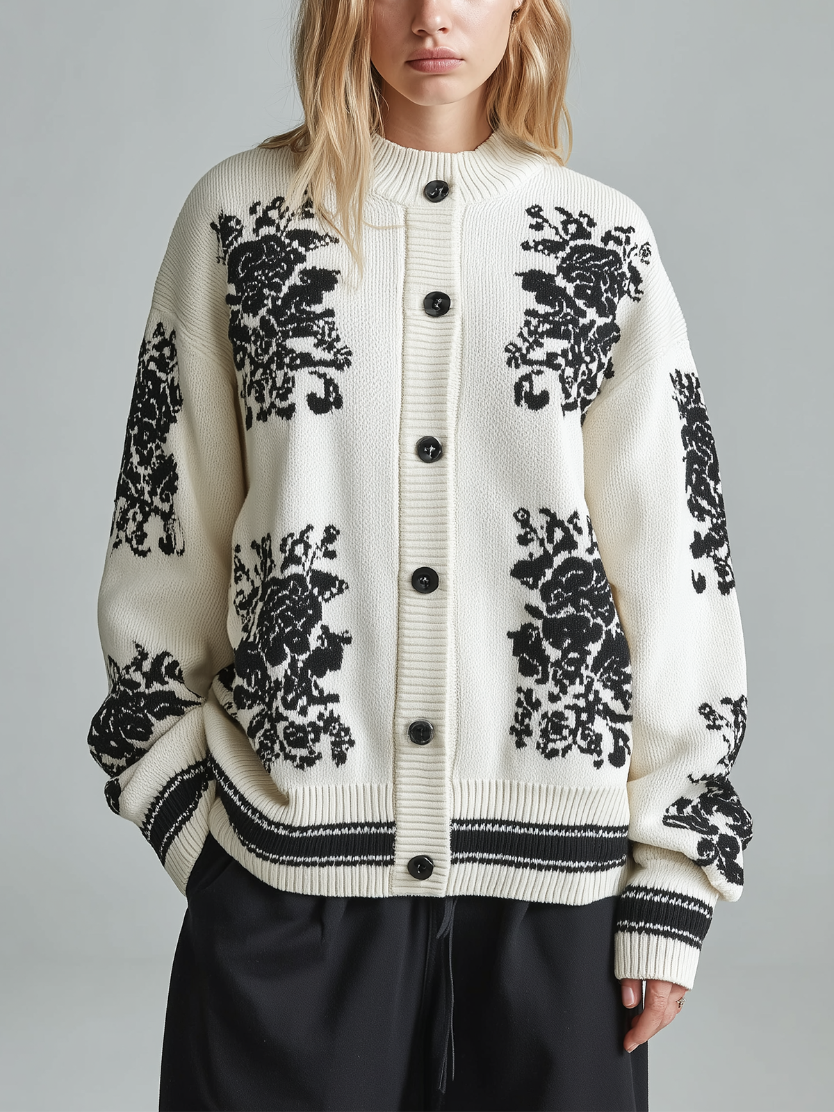 Taidalw Chic Casual White Round Collar Long-sleeved Button Black Pattern Contrast Trim Details Oversized Knit Cardigan