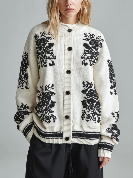 Taidalw Chic Casual White Round Collar Long-sleeved Button Black Pattern Contrast Trim Details Oversized Knit Cardigan