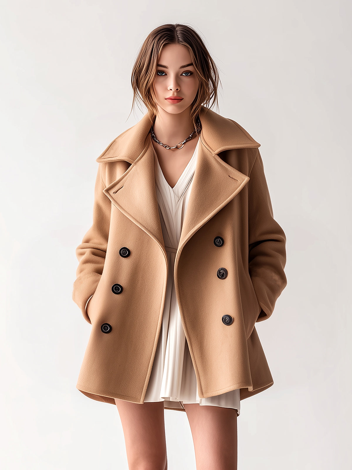 Taidalw Chic Vintage Camel Wool Blend Lapel Double-Breasted Belted Oversized Peacoat