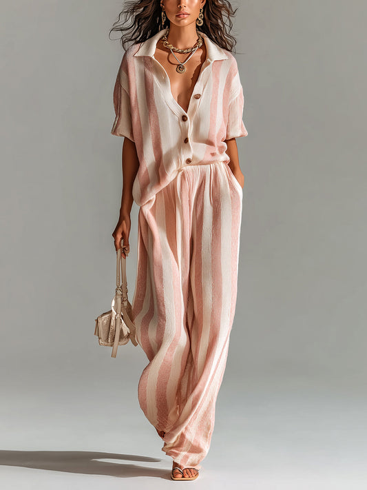 Taidalw Chic Casual Pink-Beige Stripes Lapel Single-Breasted Short-Sleeve Top Wide-Leg Pants Ribbed Knit Two-Piece Set