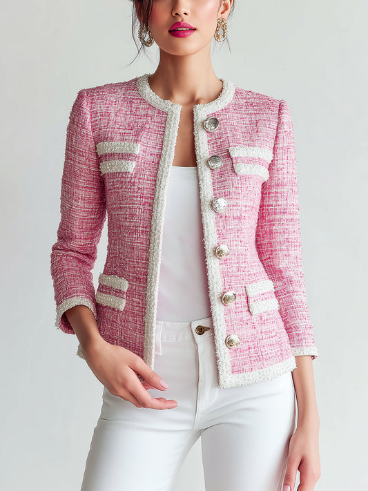 Taidalw Chic Vintage Pink Tweed Round Neck Single-Breasted Contrast Trim Details Fitted Jacket