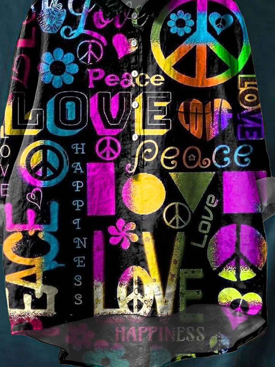 Vintage Peace And Love Art Print Casual Cotton And Linen Shirt