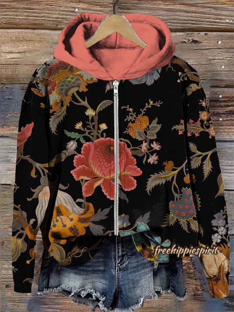 Retro Gorgeous Flower Print Casual Hoodie Sweatshirt