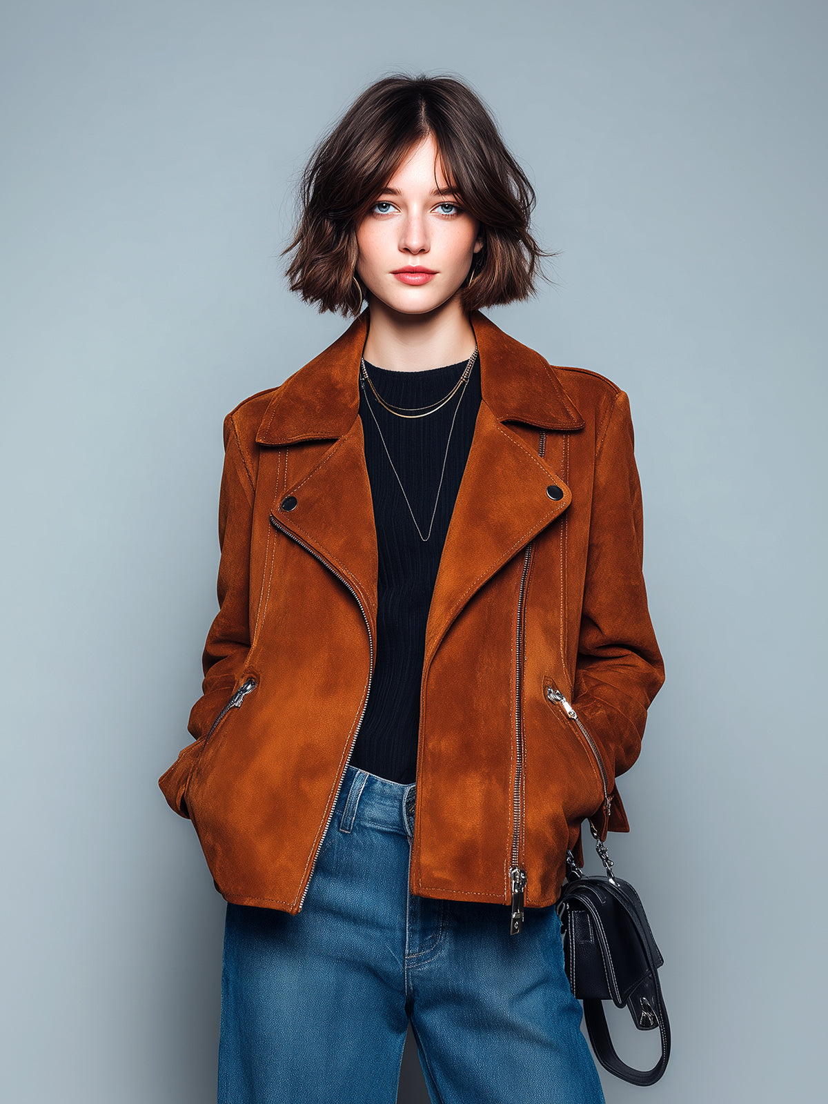 Taidalw Chic Vintage Caramel Brown Faux Suede Lapel Zipper-Front Biker Style Cropped Jacket