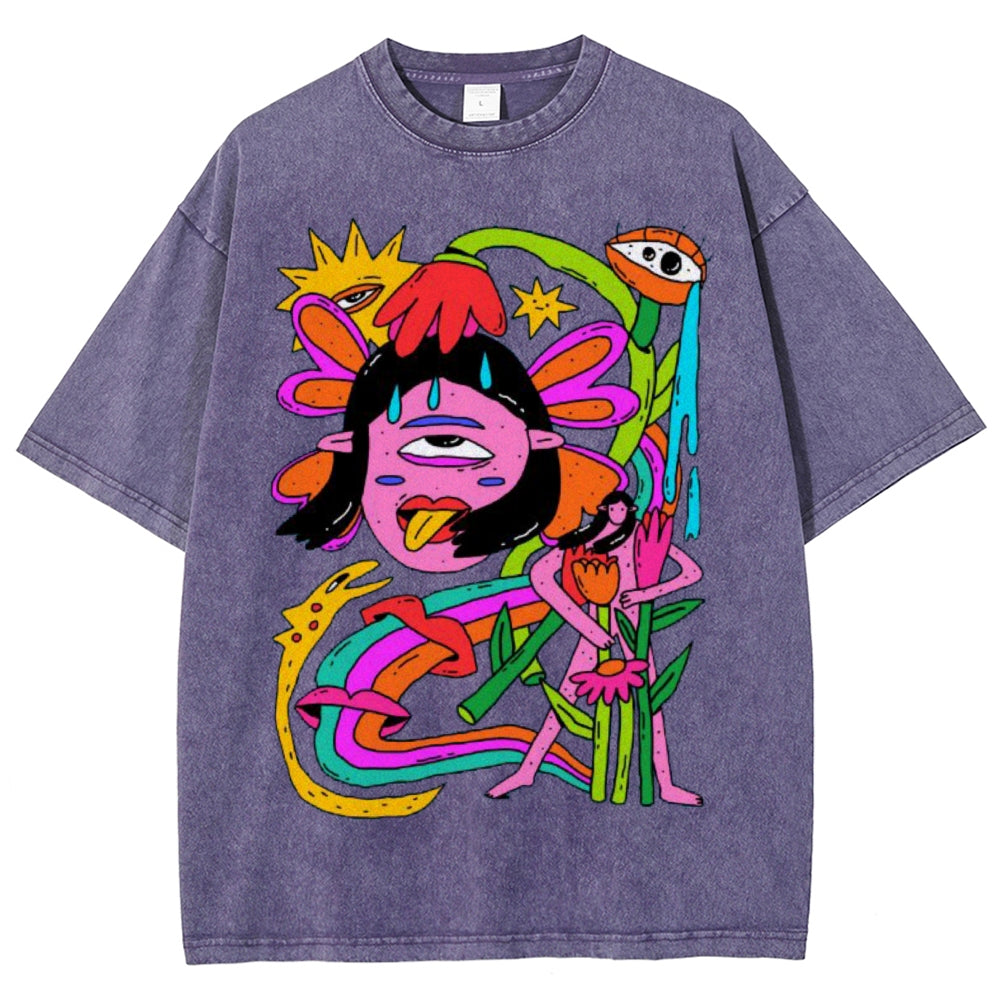 Unisex Abstract Art Human Face Eyes Printed Washed Tee