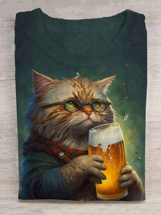 Cat Drink Beer Funny Print T-shirt