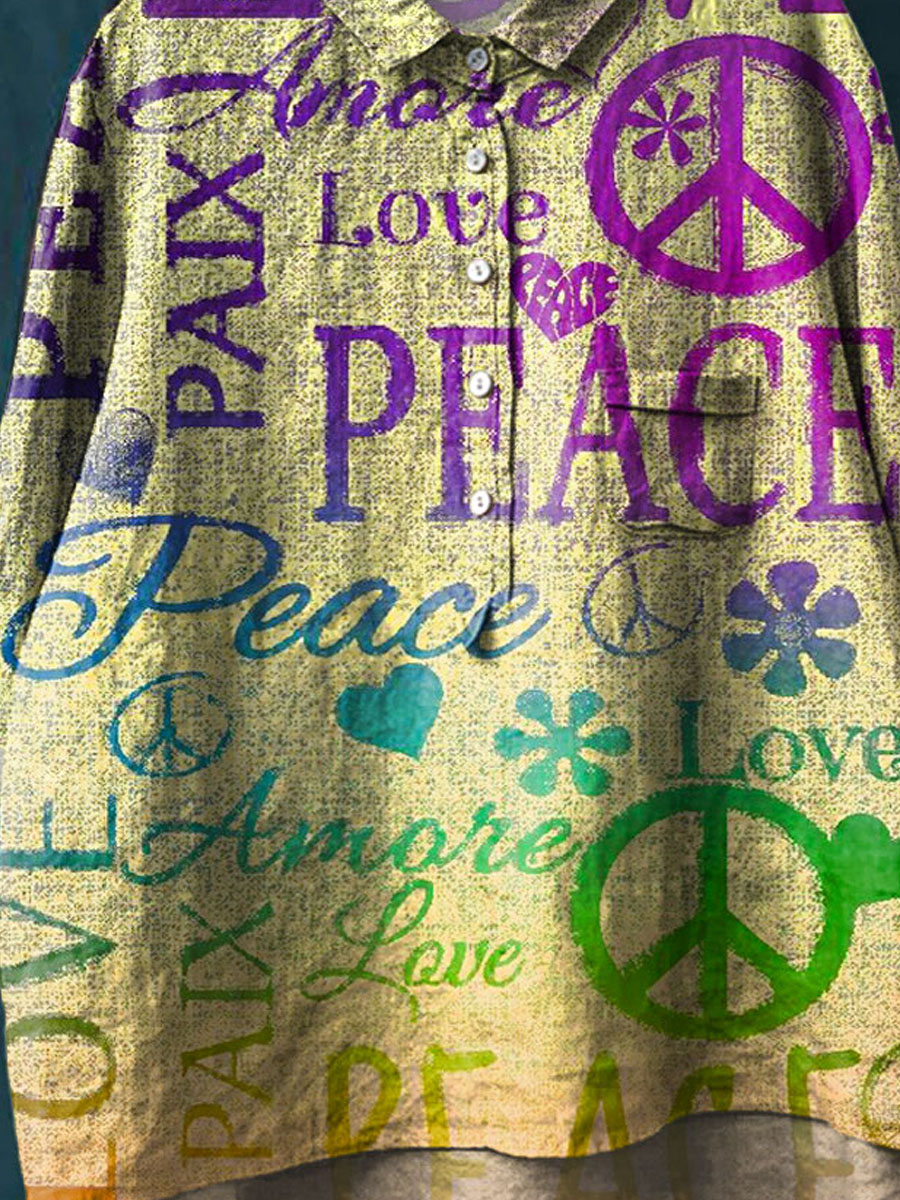 Peace And Love Art Print Casual Cotton And Linen Shirt