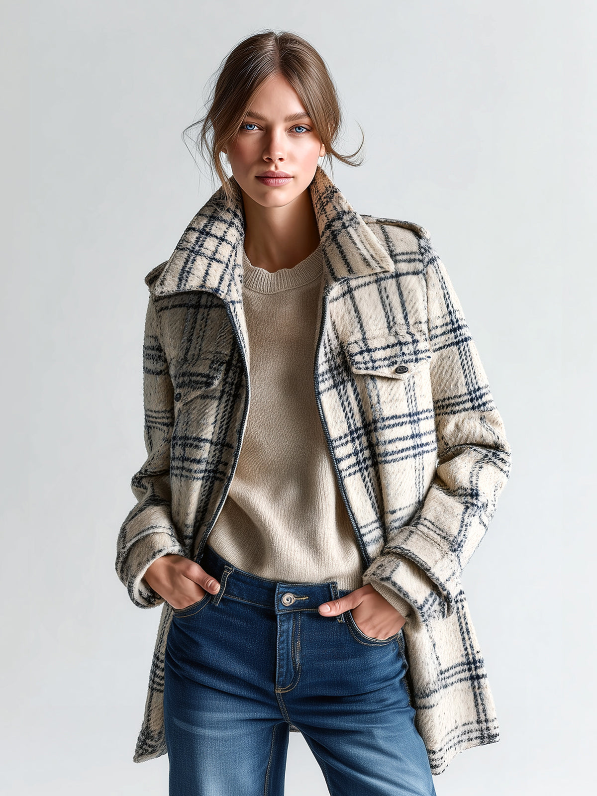 Taidalw Vintage Casual Plaid Wool Blend Lapel Flap Pocket Zipper-Front Mid-Length Coat