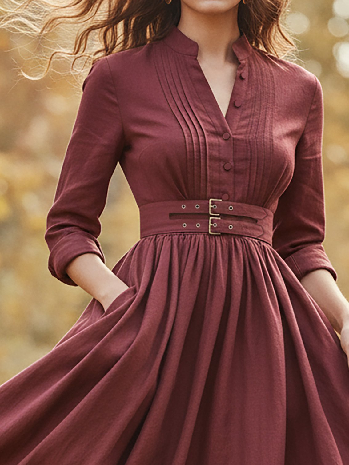 Maxi Linen Dress, Long Sleeves, Stand Collar, Plain, Button Design, Vintage, Red