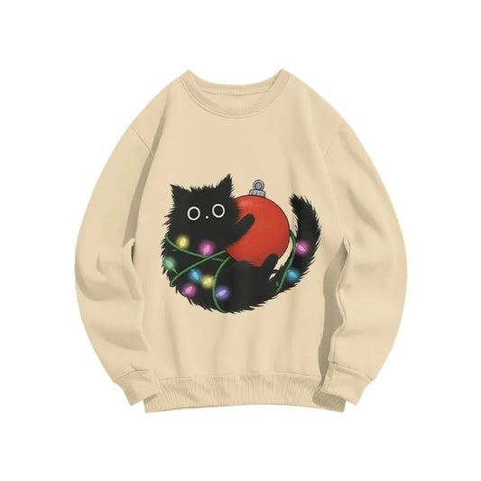 Christmas Kitten Holding Light Bulb Cotton Fleece Sweatshirt