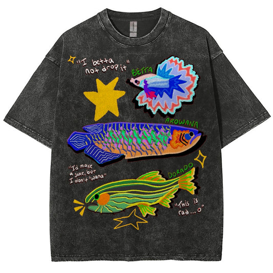 Unisex Colorful Cartoon Fish Washed Tee