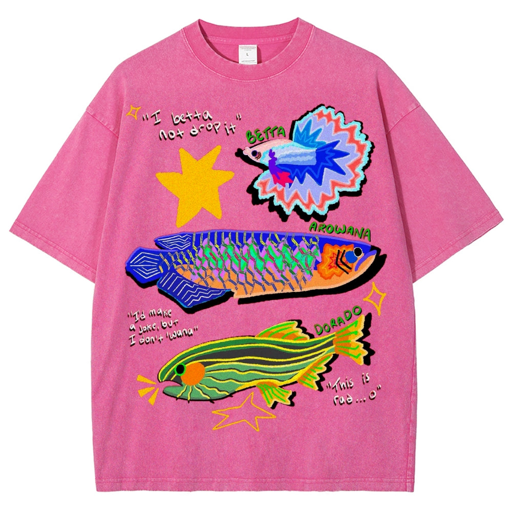 Unisex Colorful Cartoon Fish Washed Tee