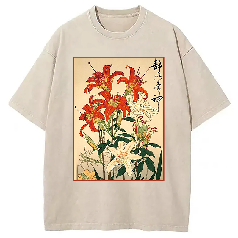 Red And White Lilies Washed T-shirt