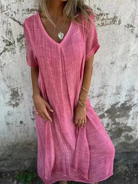 Stylish Cotton and Linen V-neck Dress