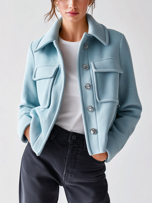 Taidalw Chic Vintage Blue Wool Blend Lapel Single-Breasted Chest Pocket Short Jacket