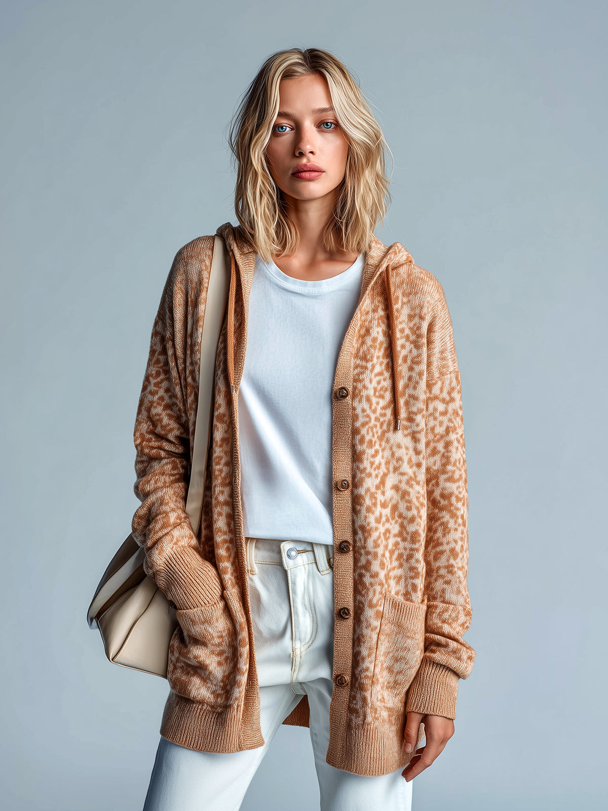 Taidalw Chic Vintage Khaki Leopard Hooded Single-Breasted Patch Pocket Mid-Length Slouchy Knit Cardigan