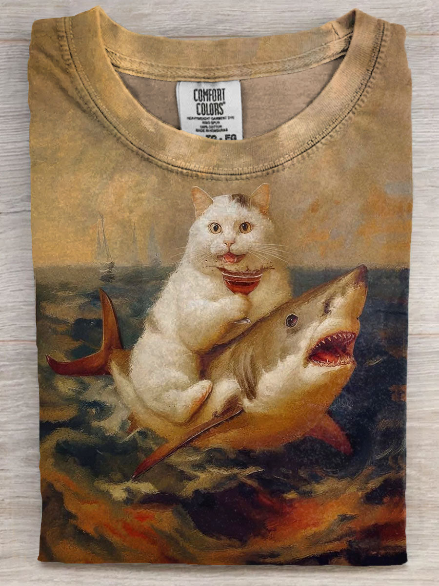 Funny Cat Ride Shark Art Print Casaul Short Sleeve T-shirt