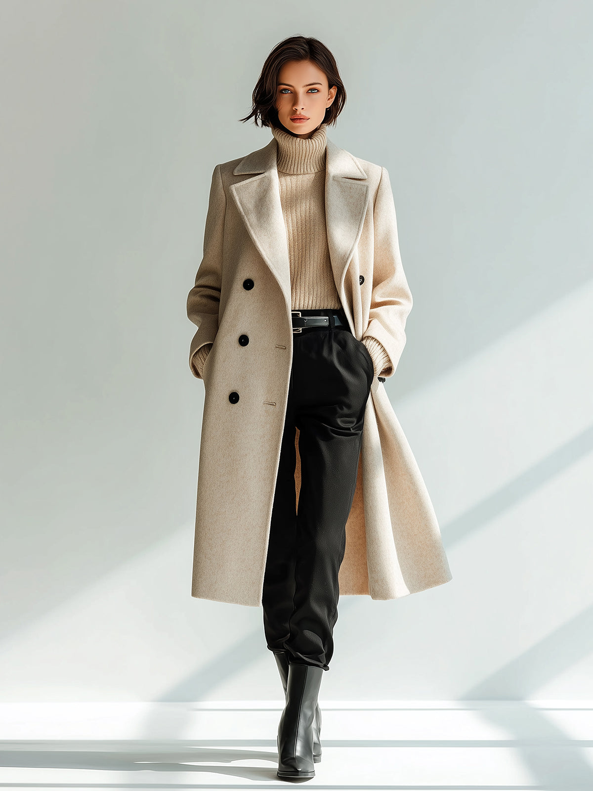 Taidalw Chic Vintage Beige Wool Blend Peak Lapel Double-Breasted Warm Long Coat