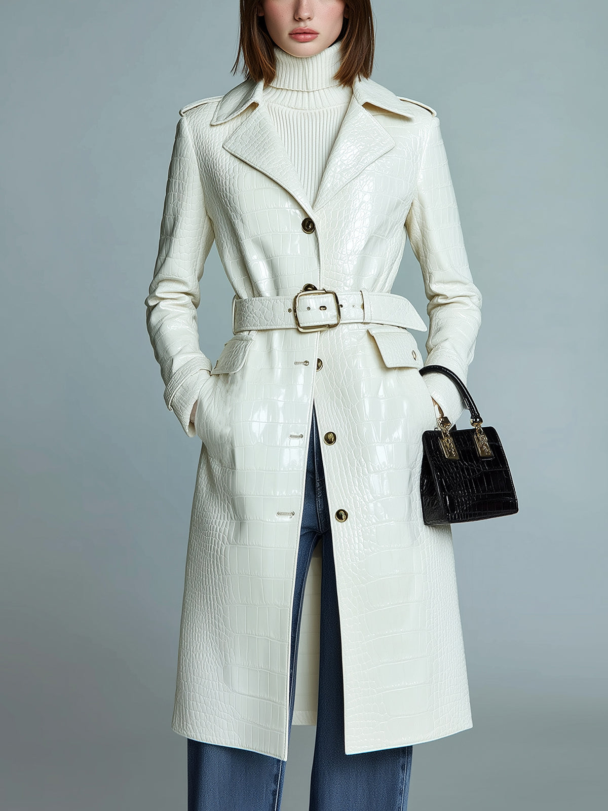 Taidalw Chic Vintage Cream White Crocodile Embossed Faux Leather Lapel Single-Breasted Belted Midi Trench Coat