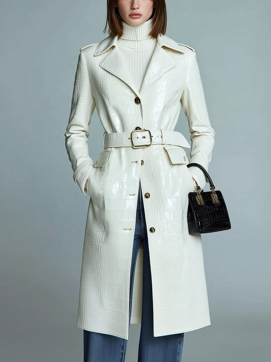 Taidalw Chic Vintage Cream White Crocodile Embossed Faux Leather Lapel Single-Breasted Belted Midi Trench Coat