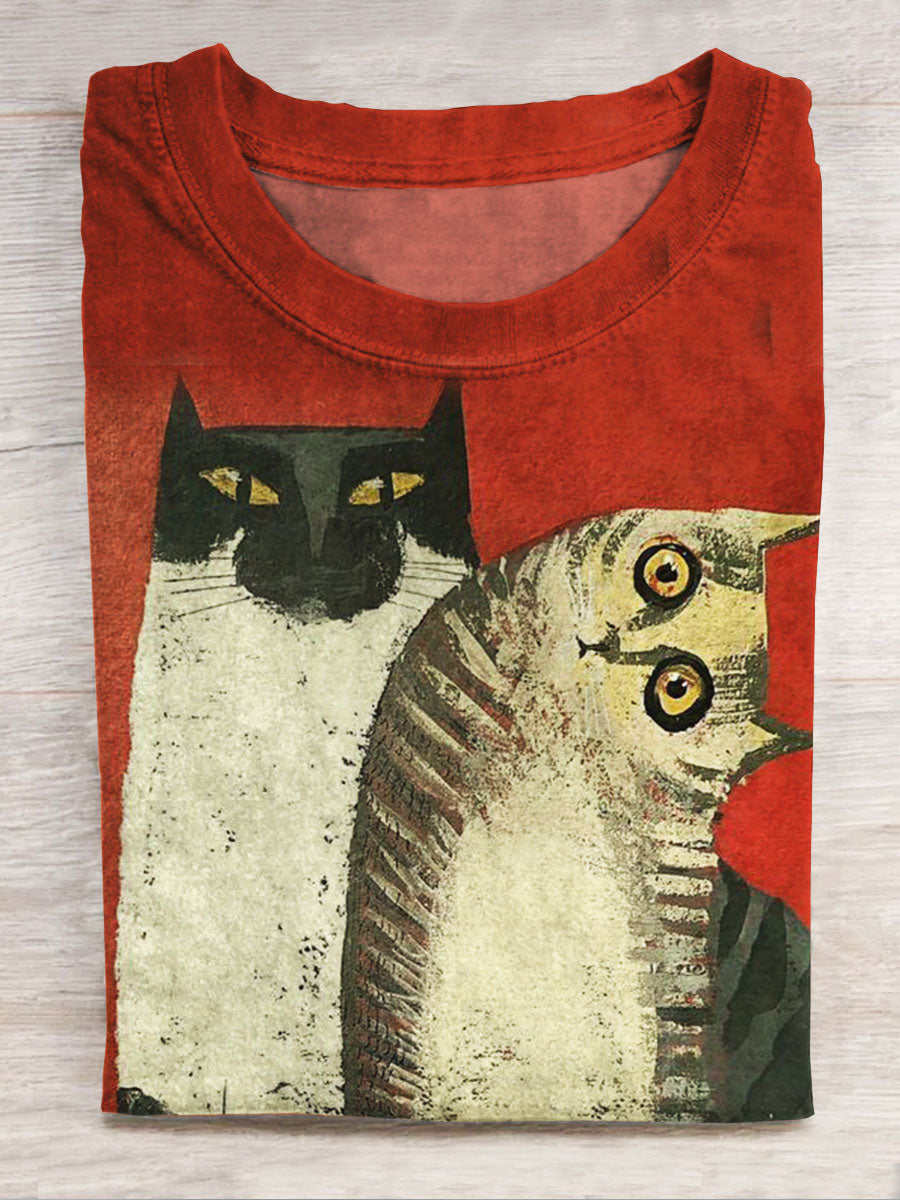 Funny Cat Print Casual Short Sleeve Top