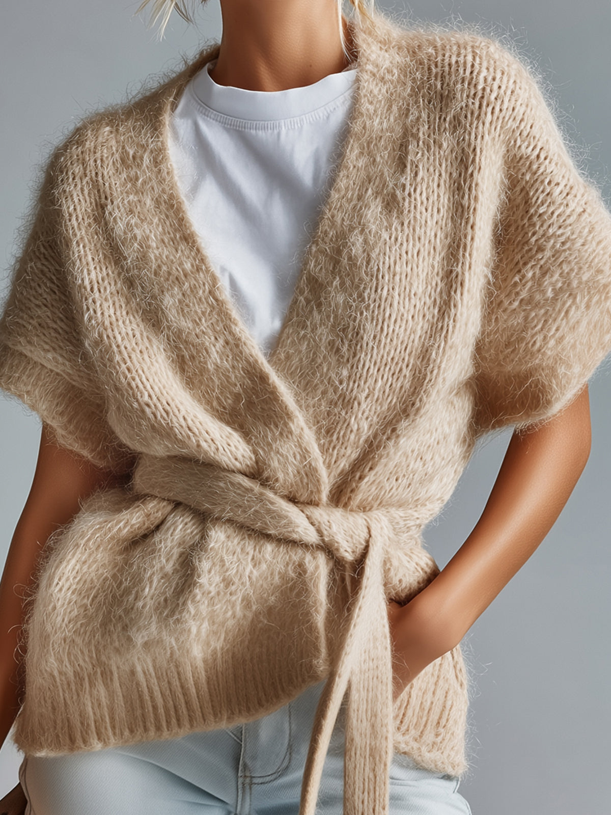 Taidalw Chic Vintage Light Khaki Wrap V-Neck Short Sleeve Tie Waist Fuzzy Mohair Knit Cardigan